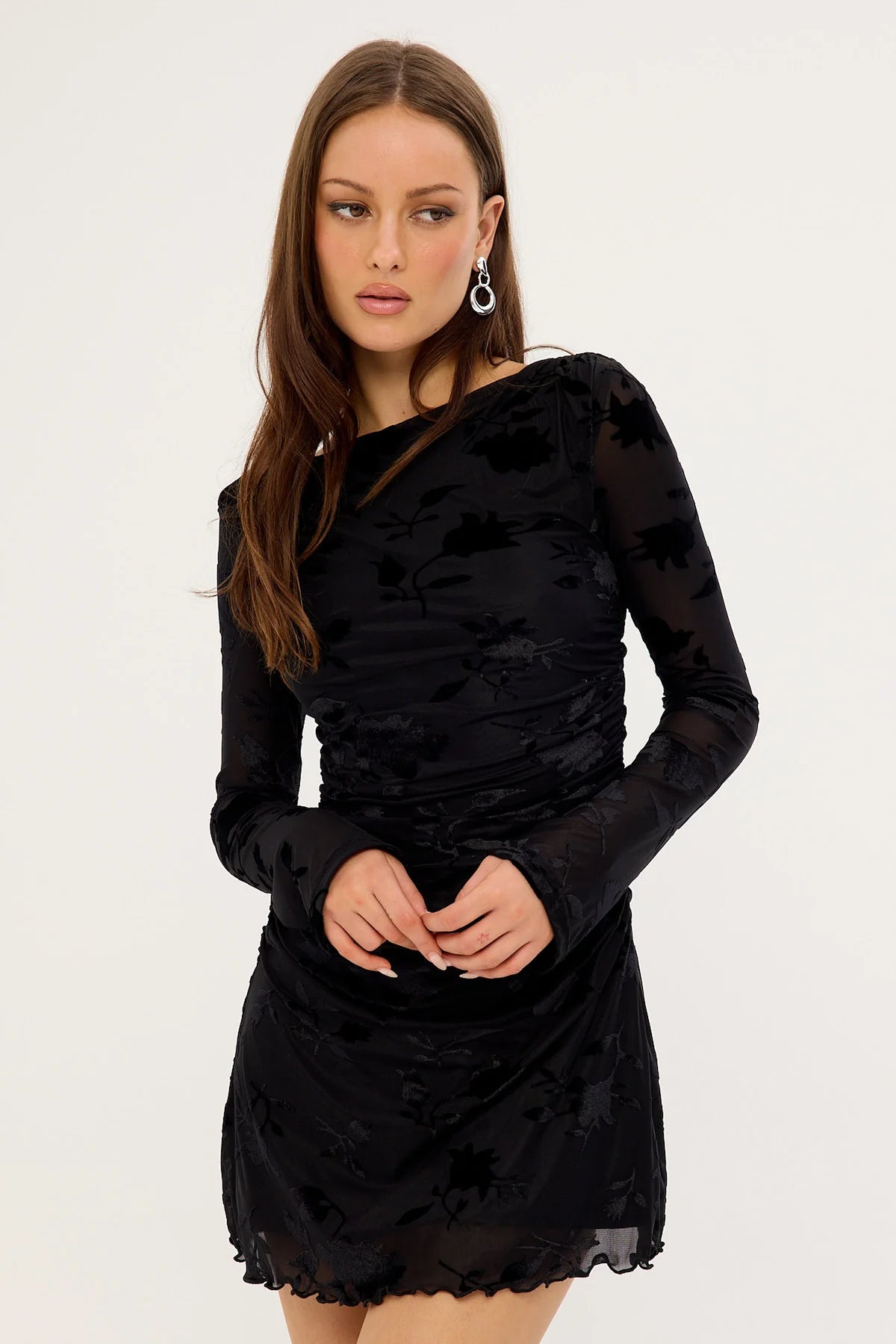 Luck & Trouble Ulla Flocked Long Sleeve Mini Dress Black