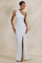 Elirae | White Asymmetric-Neck Maxi Dress With Twist Strap And Front High Split