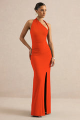 Elirae | Orange Asymmetric-Neck Maxi Dress With Twist Strap And Front High Split