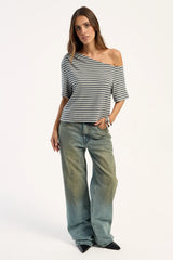 Rusty Sally Slouch Stripe Off Shoulder Top Grey/Egret Stripe
