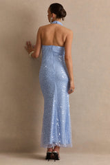 Tamera | Blue Mesh Cowl-Neck Maternity Maxi Dress With Draped Detailing
