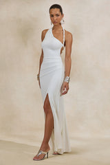 Elirae | White Asymmetric-Neck Maxi Dress With Twist Strap And Front High Split