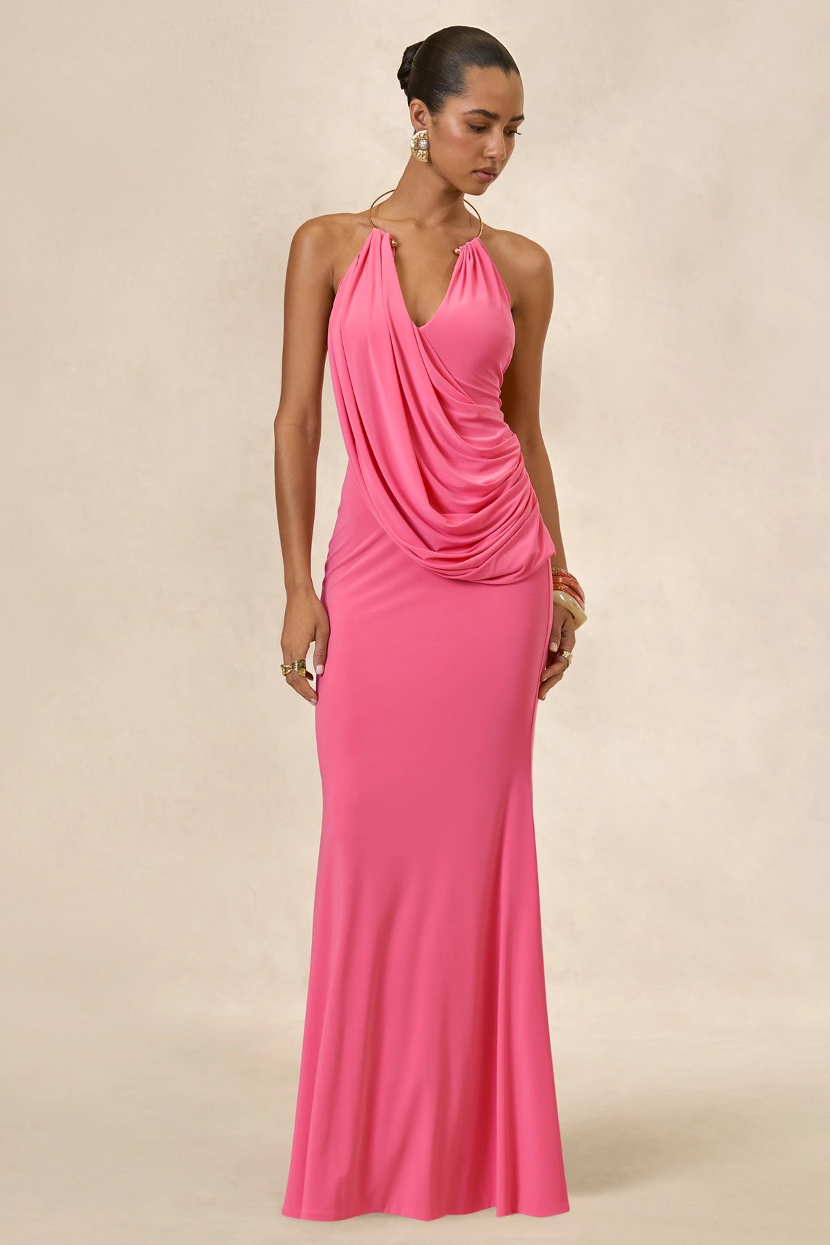 Dinara | Coral Halter-Neck Maxi Dress With Draped Detailing And Gold Detail
