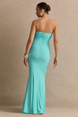 Casilda | Turquoise Bandeau-Neck Maternity Maxi Dress With Draped Detailing