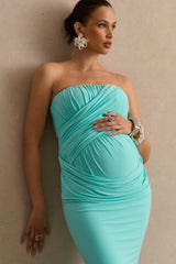 Casilda | Turquoise Bandeau-Neck Maternity Maxi Dress With Draped Detailing