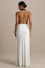 Tilly | Black And White Extreme-Plunge Neck Maxi Dress With Wrap And Ruched Details