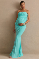 Casilda | Turquoise Bandeau-Neck Maternity Maxi Dress With Draped Detailing