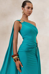 Sariah | Teal Asymmetric-Neck Maxi Dress With Gathered Detailing And Gold Details