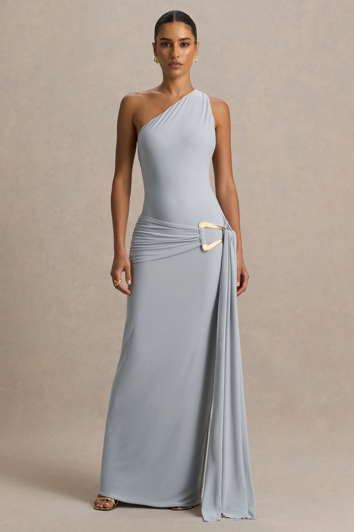 Bonnie | Blue Asymmetric-Neck Maxi Dress With Open-Back