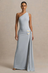 Bonnie | Blue Asymmetric-Neck Maxi Dress With Open-Back