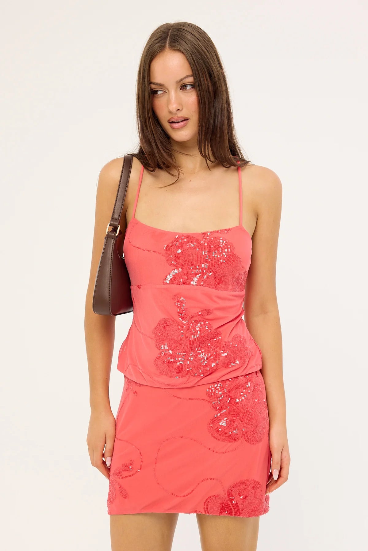 Luck & Trouble Riviera Sequin Lace up Back Top Coral