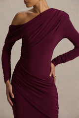 Perrie | Burgundy Asymmetric-Neck Maxi Dress With Ruched Detailing