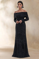 Obsession | Black Sequin Bardot-Neck Maxi Dress With Long Sleeves