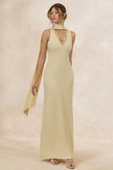 True Icon | Lemon Satin High-Neck Maxi Slip Dress With Sash