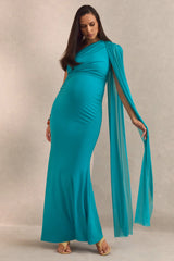 Aylena | Turquoise Asymmetric-Neck Maternity Maxi Dress With Sash Detail