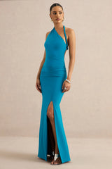 Elirae | Cobalt Asymmetric-Neck Maxi Dress With Twist Strap And Front High Split