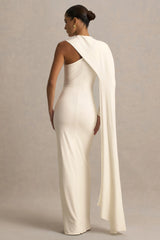 Dawn | Cream High-Neck Maxi Dress With One Long Cape-Sleeve