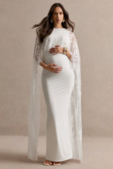 Camelina | White Round-Neck Maternity Maxi Dress With Lace Cape Detail