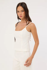 Perfect Stranger Tauni Linen Lace Up Back Top White