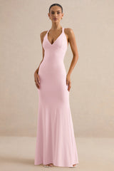 Goldiea | Light Pink Halter-Neck Fishtail Maxi Dress