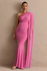 Aylena | Pink Asymmetric-Neck Maternity Maxi Dress With Sash Detail