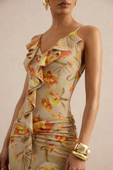 Amali | Orange Floral V-Neck Maxi Dress With Ruffled Detailing