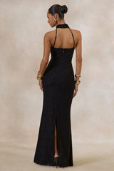 Almaria | Black Lace Asymmetric-Neck Maxi Dress With Collar-Detail