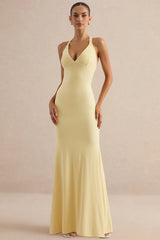 Goldiea | Lemon Halter-Neck Fishtail Maxi Dress