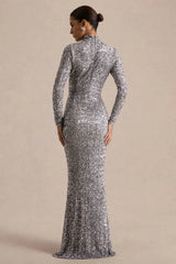 Galaxy | Silver Sequin Turtle-Neck Long-Sleeve Maxi Dress