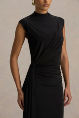 Solene | Black High-Neck Maxi Dress With Wrap And Drape Detail