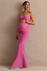 Casilda | Pink Bandeau-Neck Maternity Maxi Dress With Draped Detailing