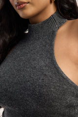 Luck & Trouble Remy Halter Cinched Waist Knit Top Charcoal Marle