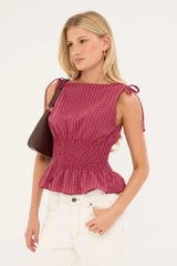 Luck & Trouble Andie Ruched Tie Top Burgundy Check