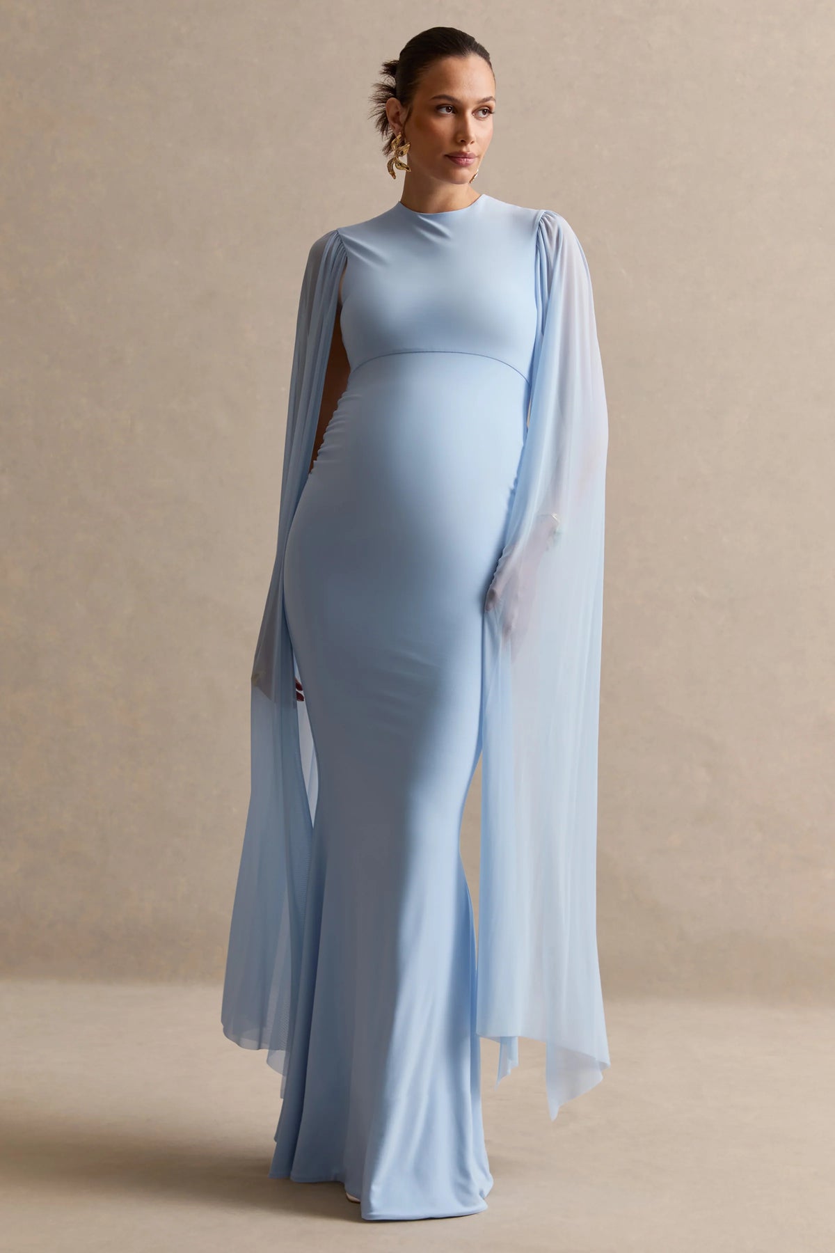 Calitheia | Light Blue Round-Neck Maternity Maxi Dress With Long Floaty Mesh Sleeves