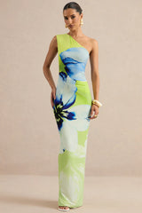 Niya | Lime And Blue Floral Placement Print Asymmetric-Neck Maxi Dress