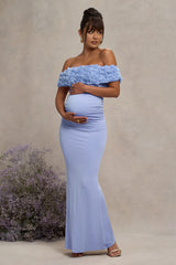 Inflorescence | Powder Blue Mesh Floral Bardot Maternity Maxi Dress