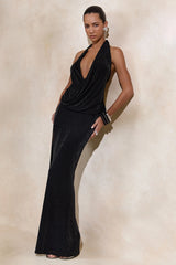 Velia | Black Extreme Plunge-Neck Maxi Dress With Front High Split