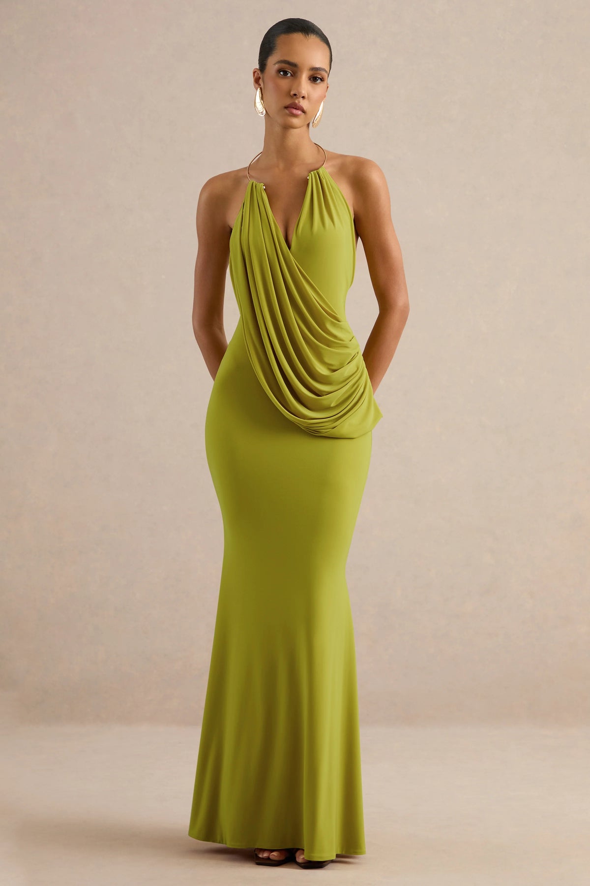 Dinara | Olive Halter-Neck Maxi Dress With Draped Detailing And Gold Detail