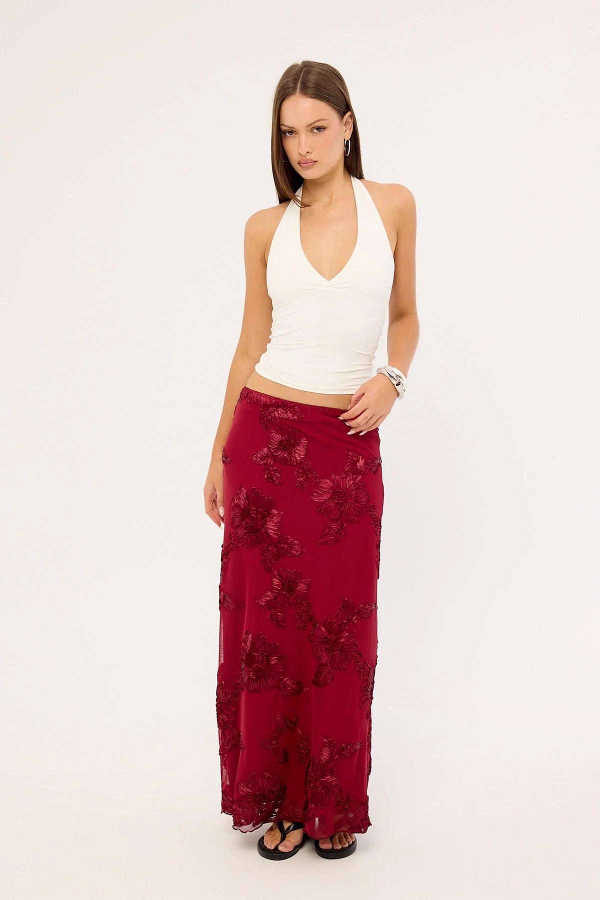 Luck & Trouble Nia Applique Mid Rise Maxi Skirt Burgundy