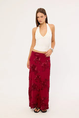 Luck & Trouble Nia Applique Mid Rise Maxi Skirt Burgundy