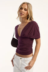 Motel Vernia Plunge Batwing Top Plum
