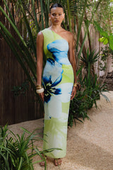 Niya | Lime And Blue Floral Placement Print Asymmetric-Neck Maxi Dress