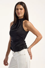 Luck & Trouble Andrea Satin Halter Top Black