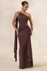 Sariah | Dark Brown Asymmetric-Neck Maxi Dress With Gathered Detailing