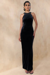 Darya | Black Velvet Embellished High-Neck Maxi Dress