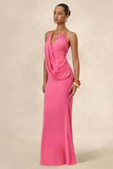 Dinara | Coral Halter-Neck Maxi Dress With Draped Detailing And Gold Detail