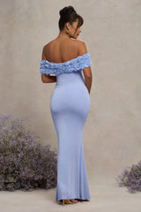 Inflorescence | Powder Blue Mesh Floral Bardot Maternity Maxi Dress