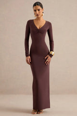 Lucina | Dark Brown V-Neck Maxi Dress With Ruched Detailing