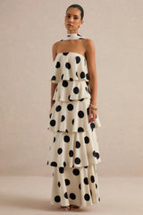 Talise | Cream Polka-Dot Satin Bandeau-Neck Tiered Maxi Dress With Scarf Detail