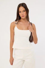 Perfect Stranger Tauni Linen Lace Up Back Top White